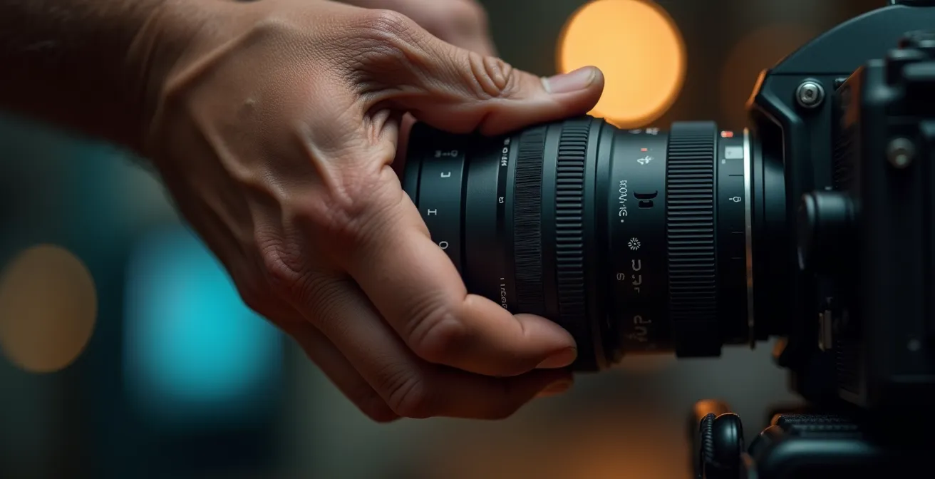 Mains de vidéaste ajustant les réglages d'un caméscope professionnel