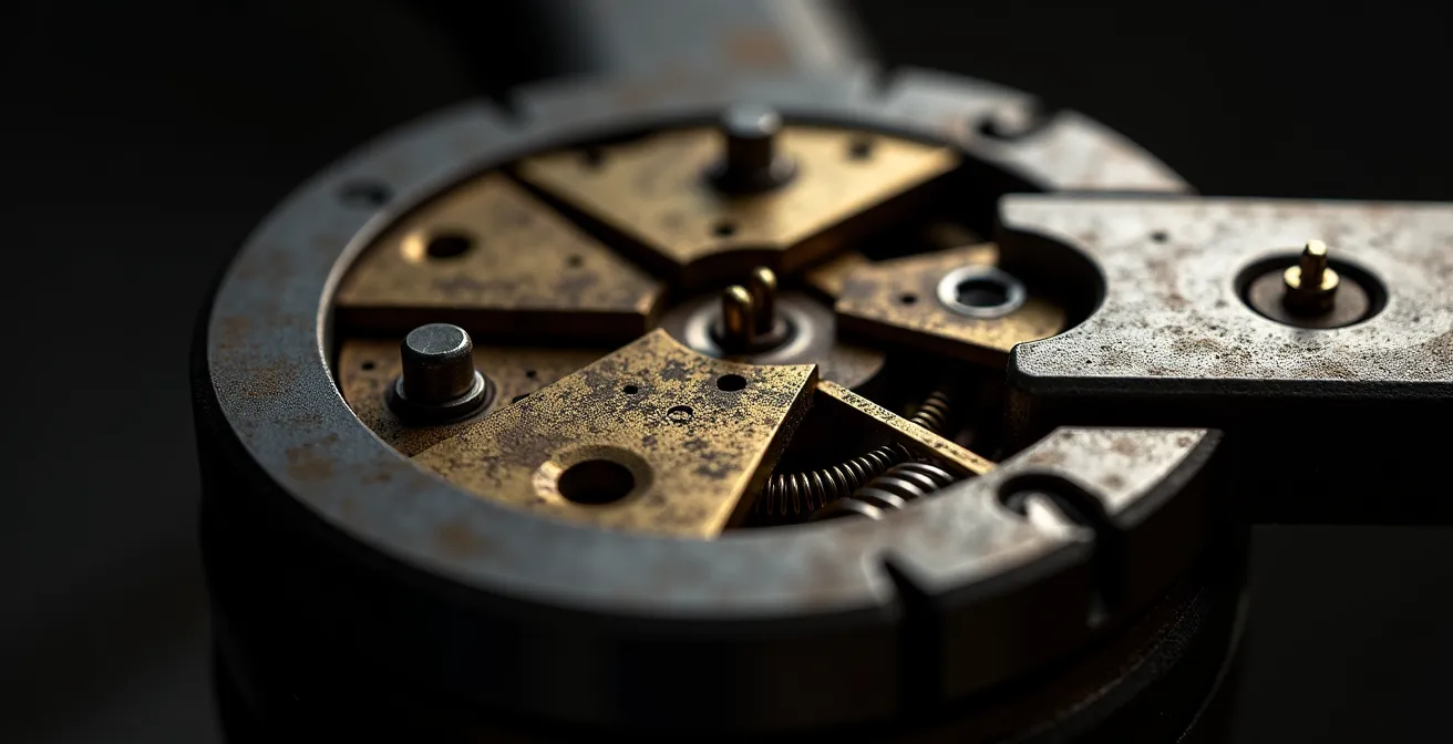 Vue macro des composants internes d'une serrure montrant l'usure naturelle