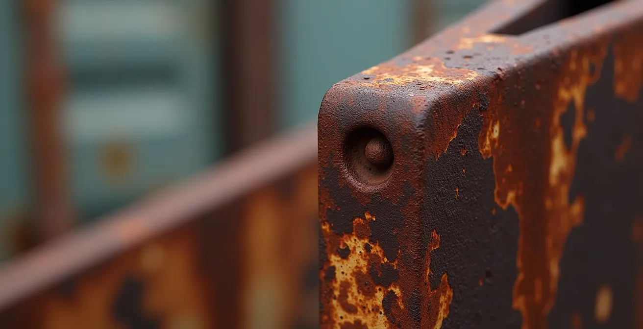 Détail de la structure en acier Corten d'un conteneur maritime