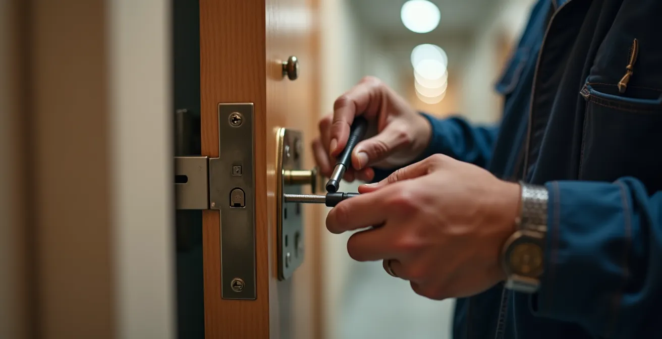 Vue de profil d'un professionnel examinant l'alignement d'une porte avec son cadre