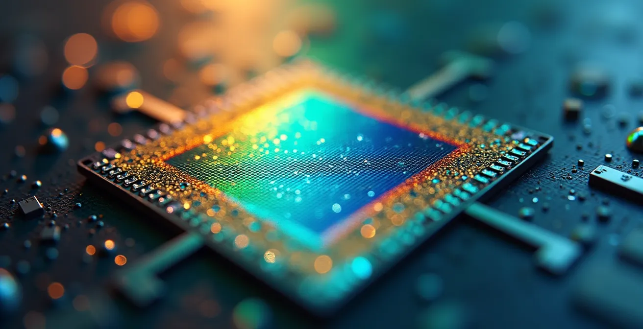 Détail macro d'un capteur de caméra professionnelle avec reflets colorés