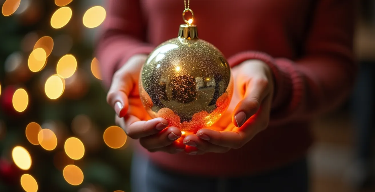 Mains tenant délicatement une boule disco de Noël scintillante