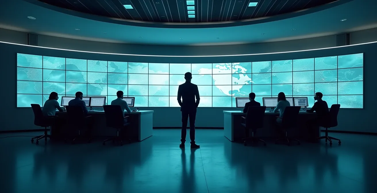 Centre de télésurveillance avec opérateurs surveillant des écrans de contrôle