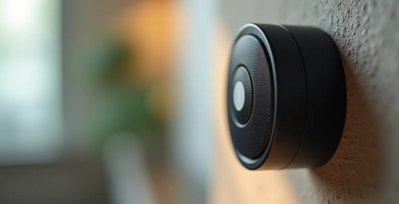 Gros plan sur un capteur de mouvement design installé dans un coin de pièce