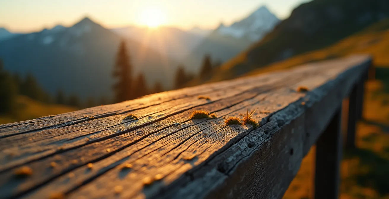 Gros plan sur la texture du bois patiné d'un chalet avec jeu d'ombres et lumière dorée