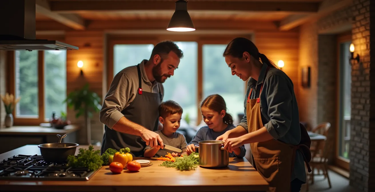 Parents et enfants préparant ensemble le repas dans la cuisine ouverte d'un chalet