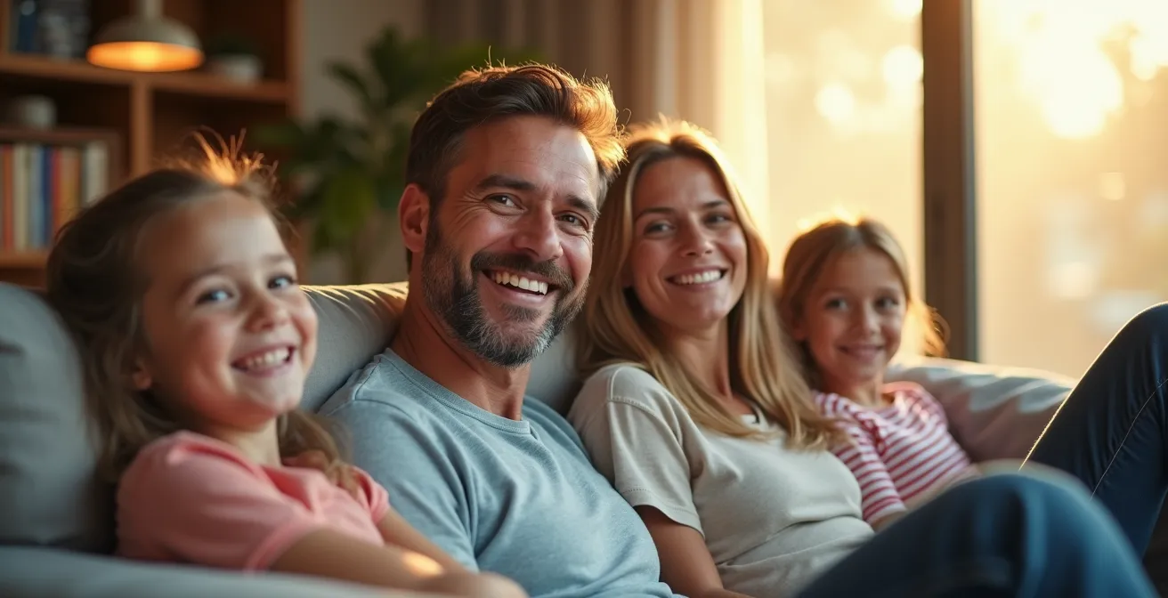 Famille détendue dans un salon moderne avec système de sécurité invisible