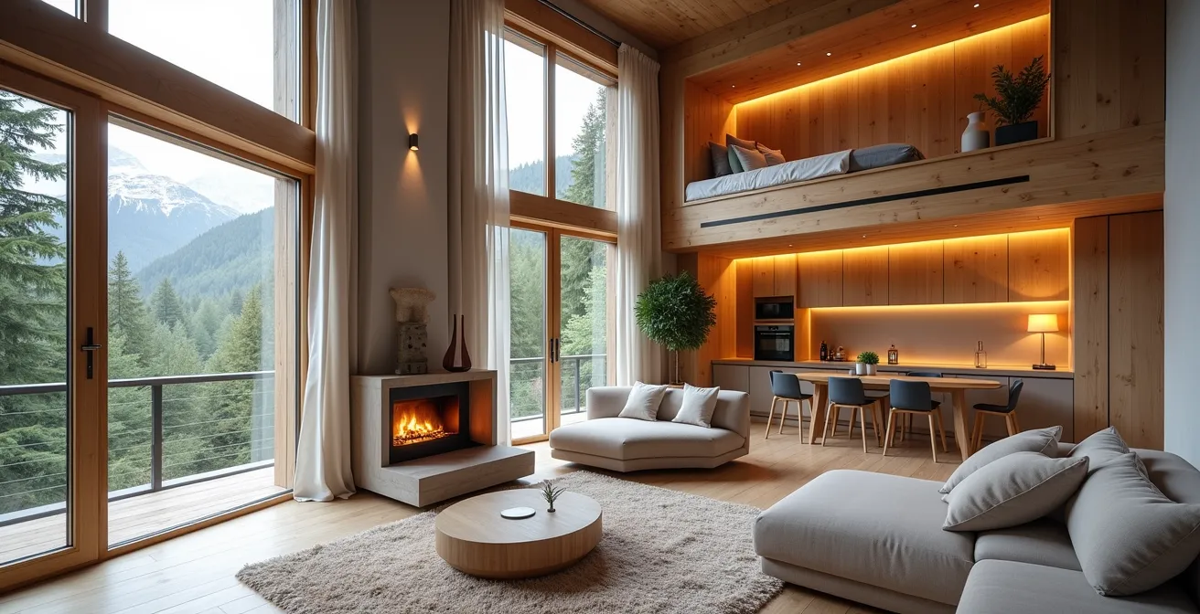 Vue intérieure d'un chalet spacieux montrant plusieurs espaces de vie distincts avec chambres séparées