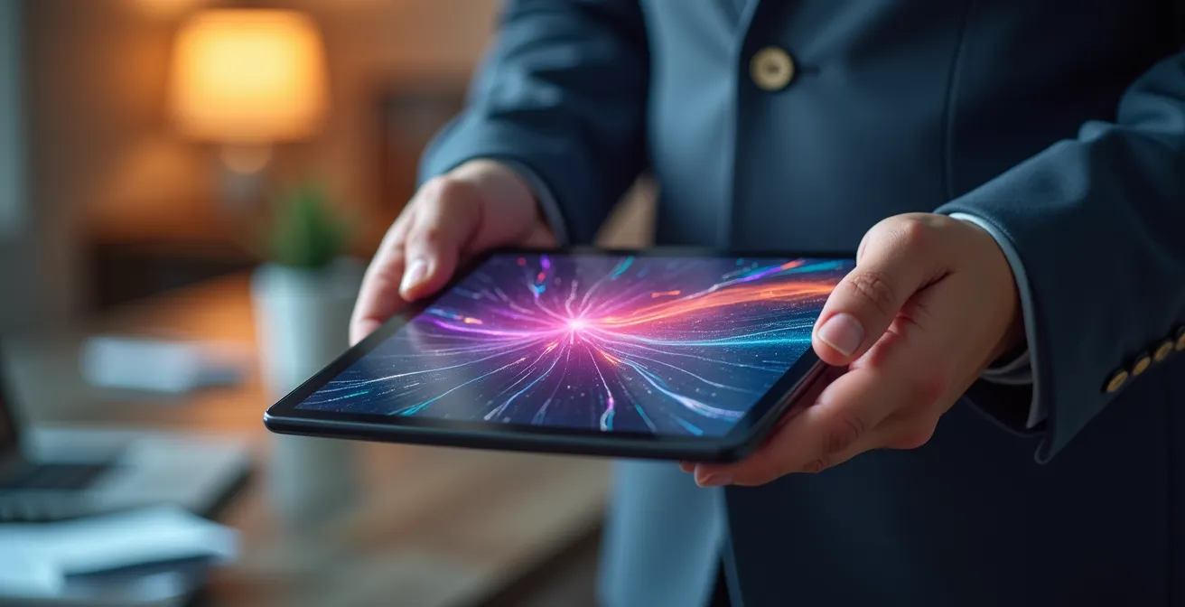 Mains analysant des données énergétiques sur tablette