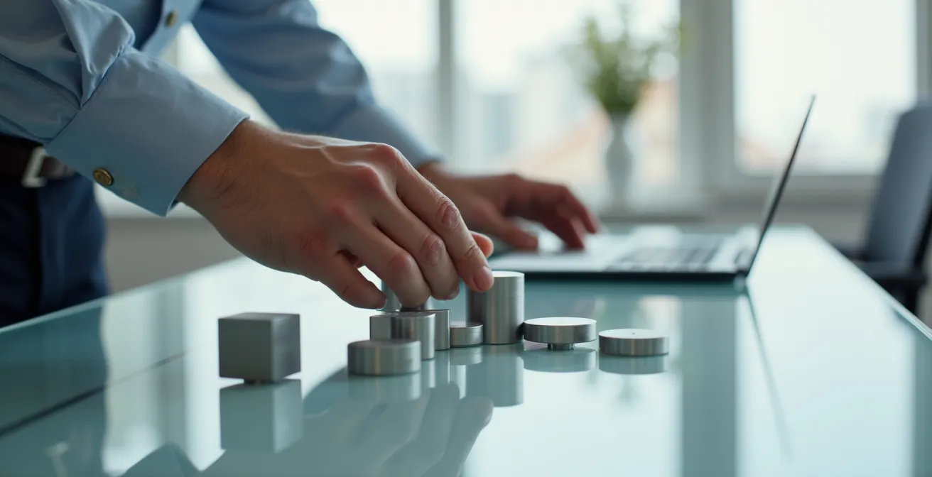 Mains professionnelles analysant méticuleusement des éléments complexes sur une surface de travail