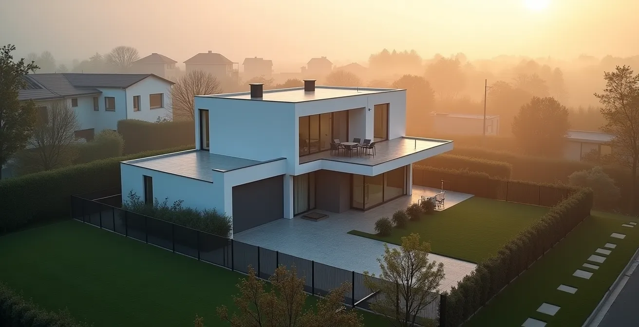 Vue aérienne d'une maison avec jardin et éléments de sécurité discrets