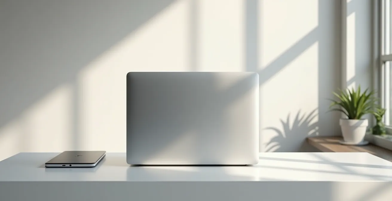 Vue de dos d'un écran d'ordinateur portable dans un environnement d'écriture moderne