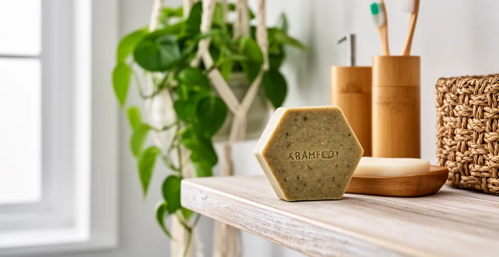 Galet de shampooing solide posé sur un rebord en bois avec plantes vertes