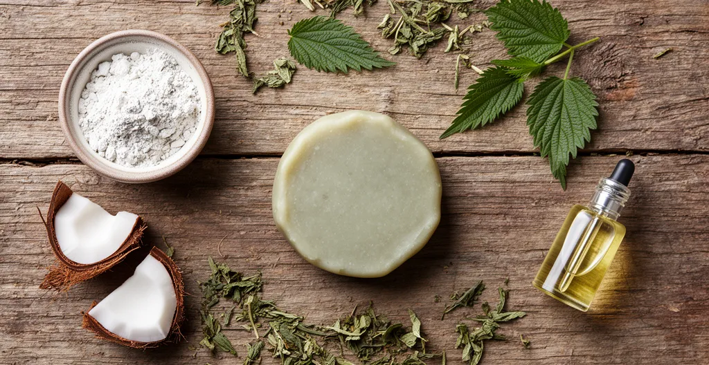 Ingrédients naturels disposés autour d'un shampooing solide sur surface en bois