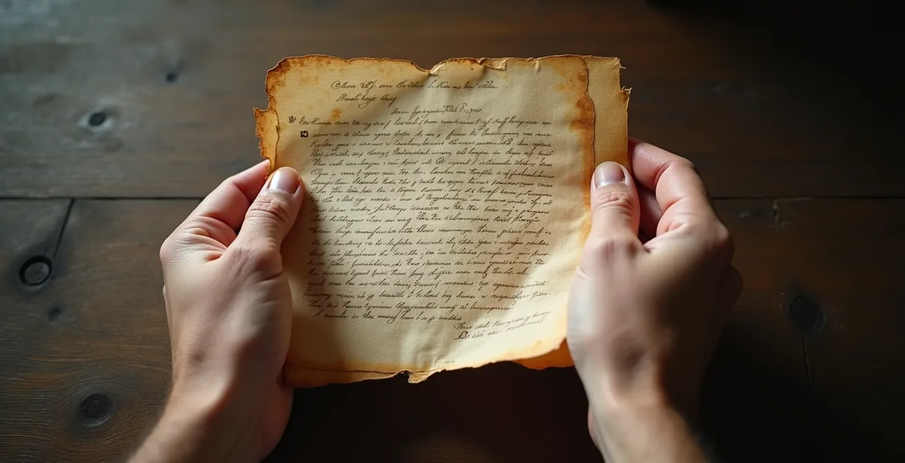 Gros plan sur des mains tenant délicatement une page manuscrite ancienne