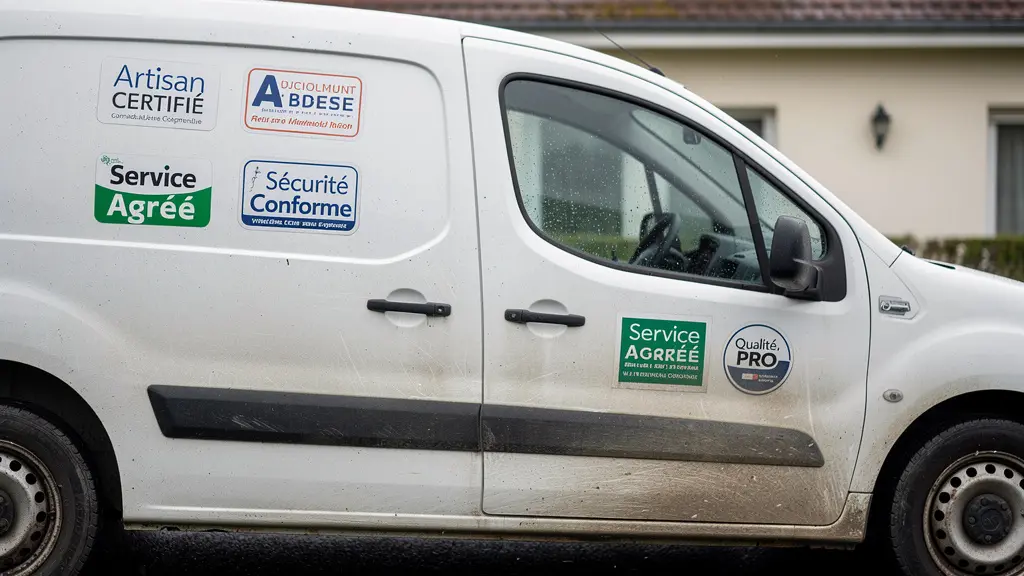Autocollants de certification professionnelle sur véhicule utilitaire d'artisan plombier chauffagiste