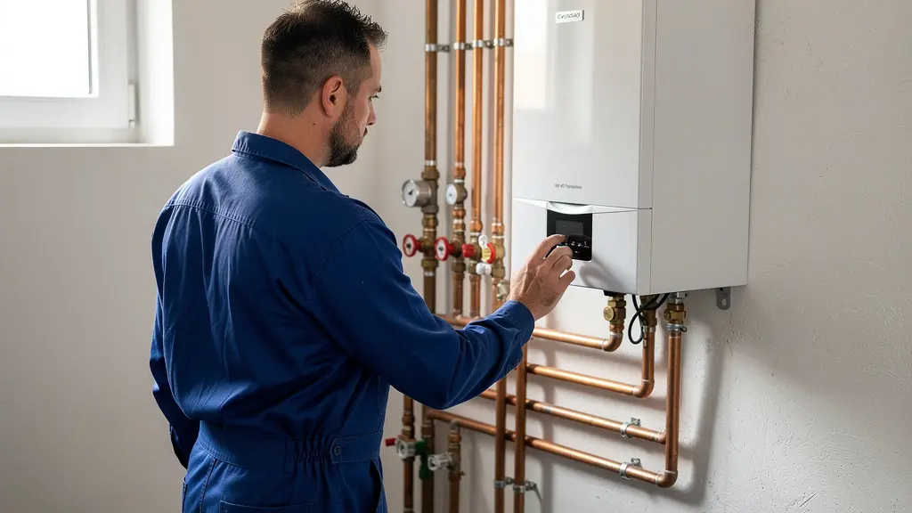 Technicien chauffagiste certifié inspectant une chaudière moderne en chaufferie résidentielle