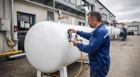 Technicien vérifiant une citerne propane professionnelle dans une cour d'usine française