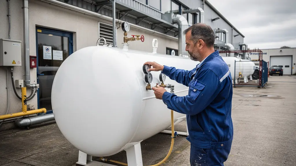 Technicien vérifiant une citerne propane professionnelle dans une cour d'usine française