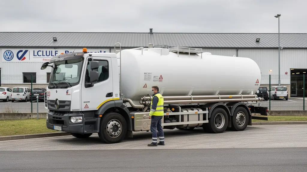 Camion de livraison propane garé près d'une citerne sur site industriel français