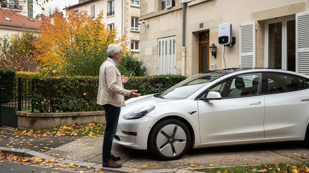 Propriétaire lyonnais satisfait devant sa borne de recharge installée à domicile