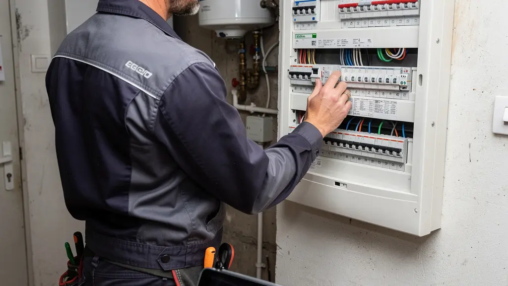 Technicien électricien vérifiant un tableau électrique résidentiel avant installation de borne