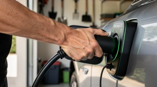 Véhicule électrique branché à une borne de recharge murale dans un garage résidentiel lyonnais
