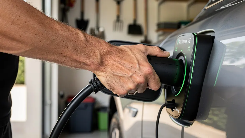 Véhicule électrique branché à une borne de recharge murale dans un garage résidentiel lyonnais