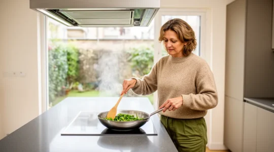 Femme cuisinant des légumes au wok sur plaque induction aspirante avec vapeurs captées