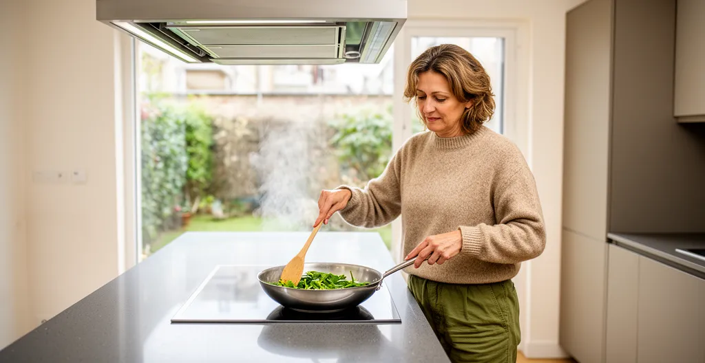 Femme cuisinant des légumes au wok sur plaque induction aspirante avec vapeurs captées