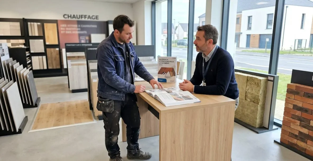 Un artisan du bâtiment consulte un commercial dans l'espace conseil d'un négoce de matériaux, échange naturel autour d'un catalogue