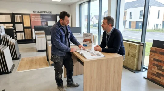 Un artisan du bâtiment consulte un commercial dans l'espace conseil d'un négoce de matériaux, échange naturel autour d'un catalogue
