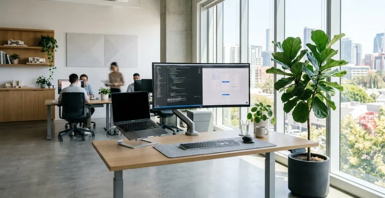 Vue large d'un bureau de création moderne et lumineux avec un grand écran d'ordinateur, un clavier, un carnet de notes et des plantes vertes, dans un intérieur contemporain épuré