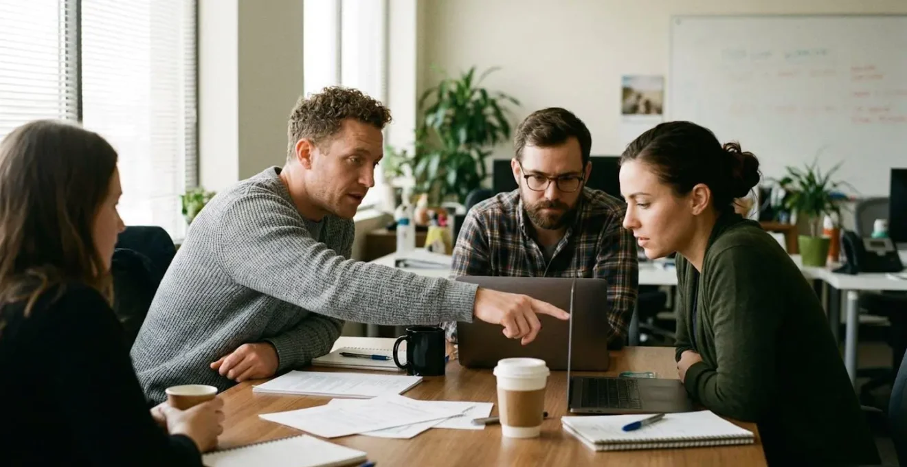 Trois collègues concentrés autour d'une table de réunion, l'un d'eux pointe un écran de laptop tandis que les autres observent attentivement