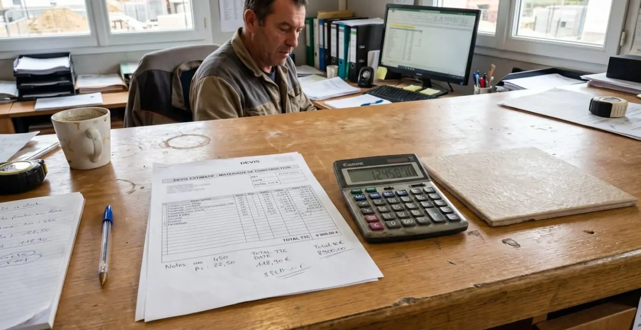 Gros plan sur une facture de matériaux de construction posée sur un bureau moderne avec calculatrice et stylo à proximité, mise au point nette sur le bord du document