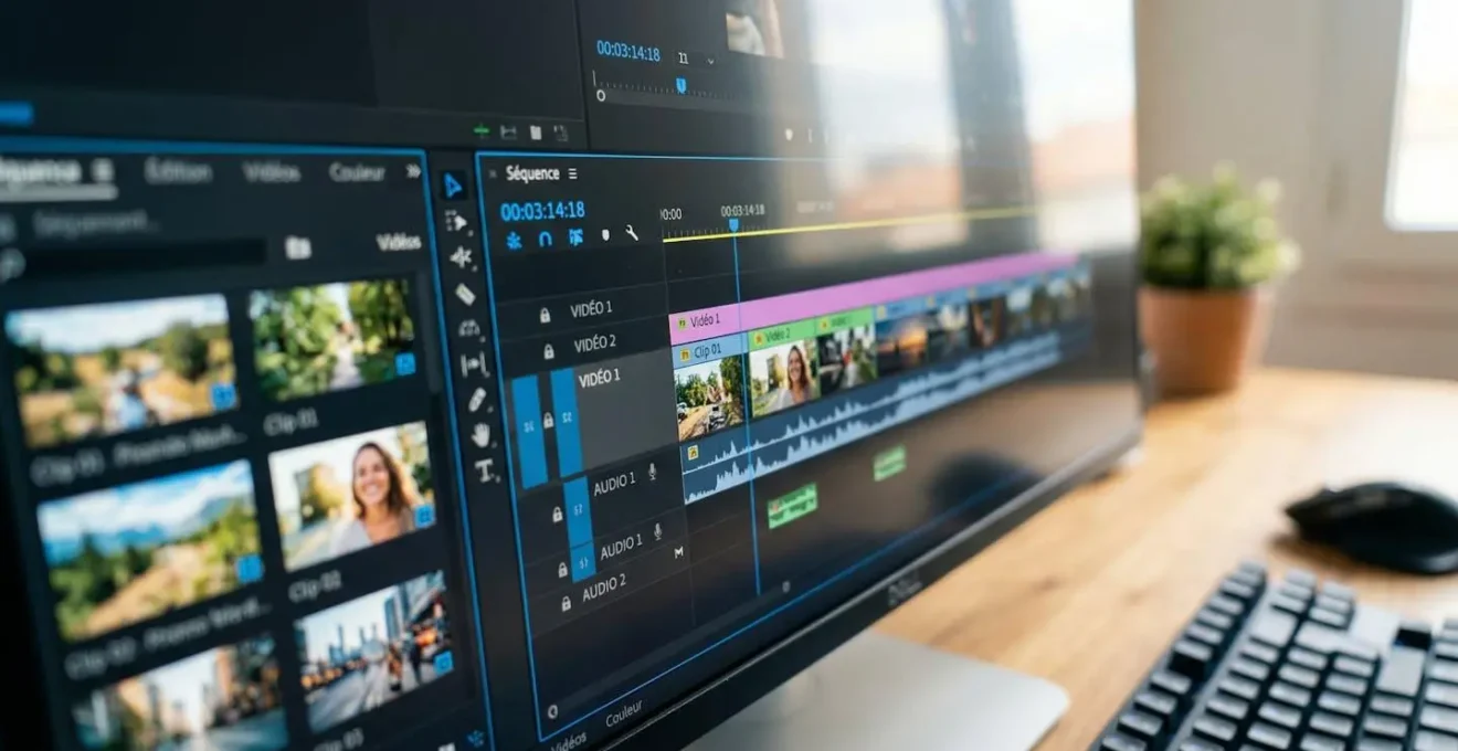 Gros plan sur une interface de montage vidéo montrant une timeline avec plusieurs vignettes de photos organisées en séquence