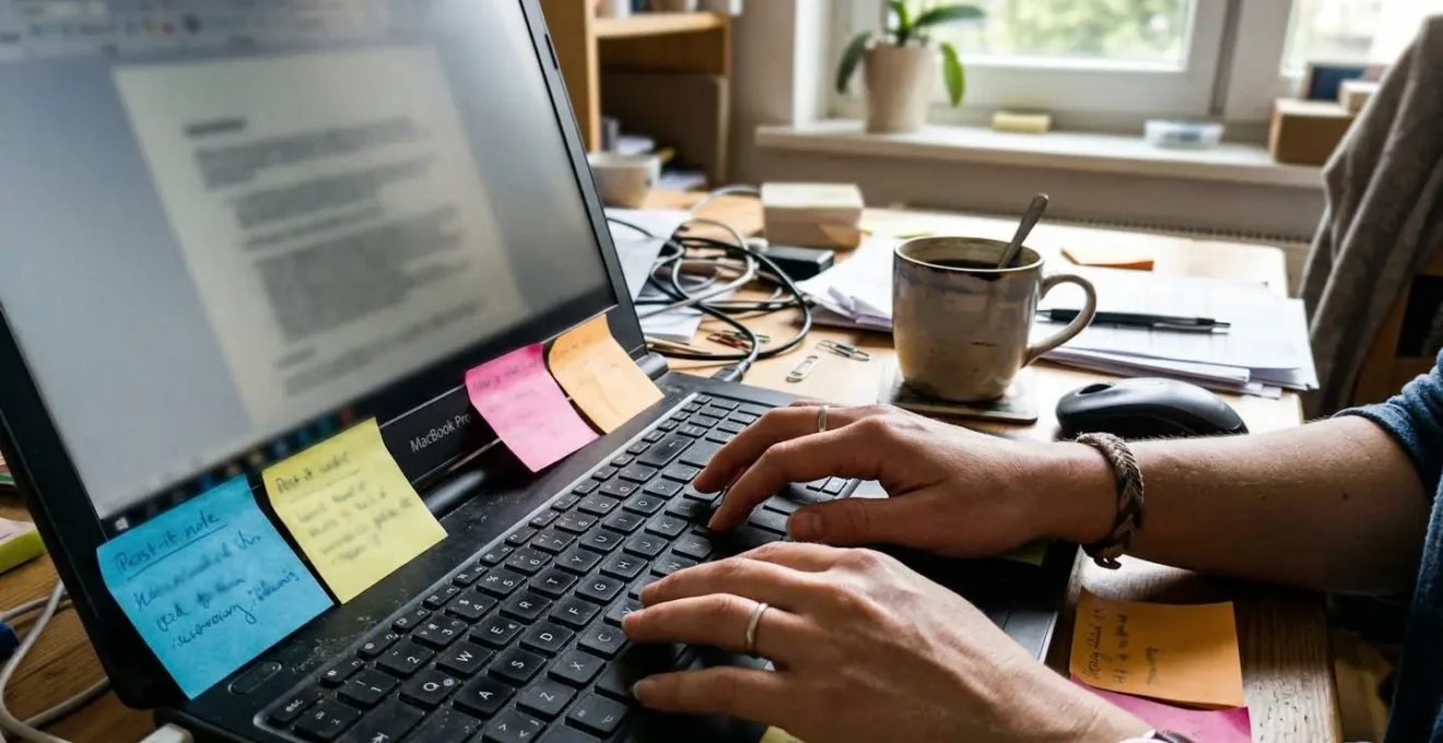 Gros plan sur des mains tapant sur un clavier d'ordinateur, entouré de post-its colorés et d'une tasse de café sur un bureau légèrement encombré