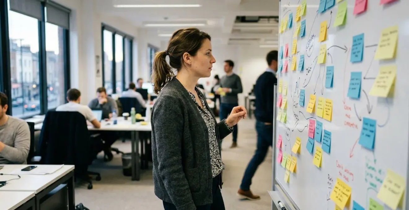 Une personne de profil devant un tableau blanc couvert de post-its colorés dans un open space lumineux