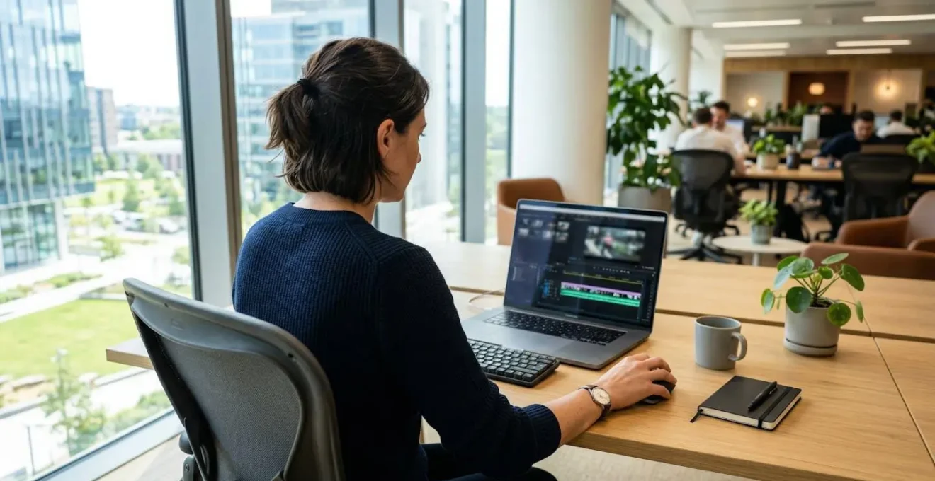Une professionnelle vue de dos travaille sur son ordinateur portable dans un bureau lumineux contemporain, concentrée sur la création d'une vidéo