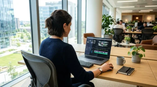 Une professionnelle vue de dos travaille sur son ordinateur portable dans un bureau lumineux contemporain, concentrée sur la création d'une vidéo