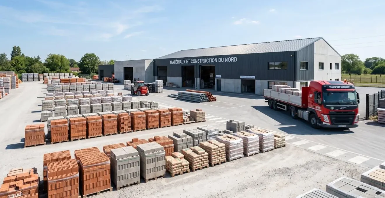 Vue large d'un espace de stockage extérieur d'un négoce de matériaux avec palettes empilées et camion de livraison en arrière-plan, architecture commerciale contemporaine française