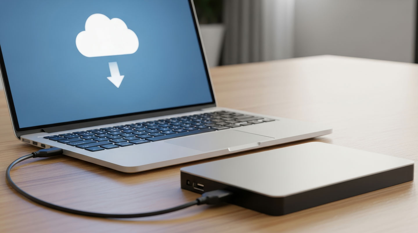 Installation professionnelle de sauvegarde montrant trois supports simultanément : disque dur externe, NAS et ordinateur portable avec interface cloud en français