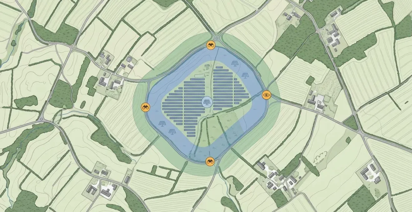 Cartographie SIG d'analyse de covisibilité autour d'un projet agrivoltaïque avec zones tampons et points de vue identifiés