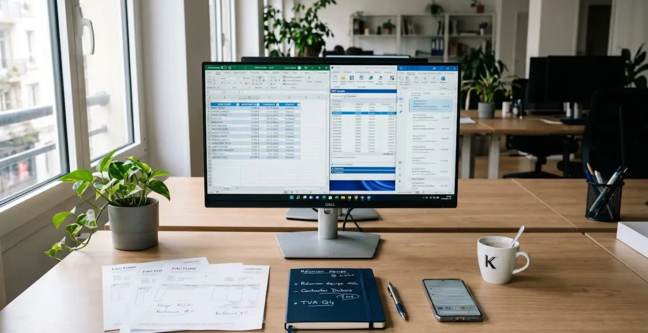 Bureau de responsable financier avec ordinateur affichant tableur Excel de suivi des créances clients, logiciel comptable et emails, documents papier annotés sur le bureau