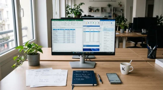 Bureau de responsable financier avec ordinateur affichant tableur Excel de suivi des créances clients, logiciel comptable et emails, documents papier annotés sur le bureau