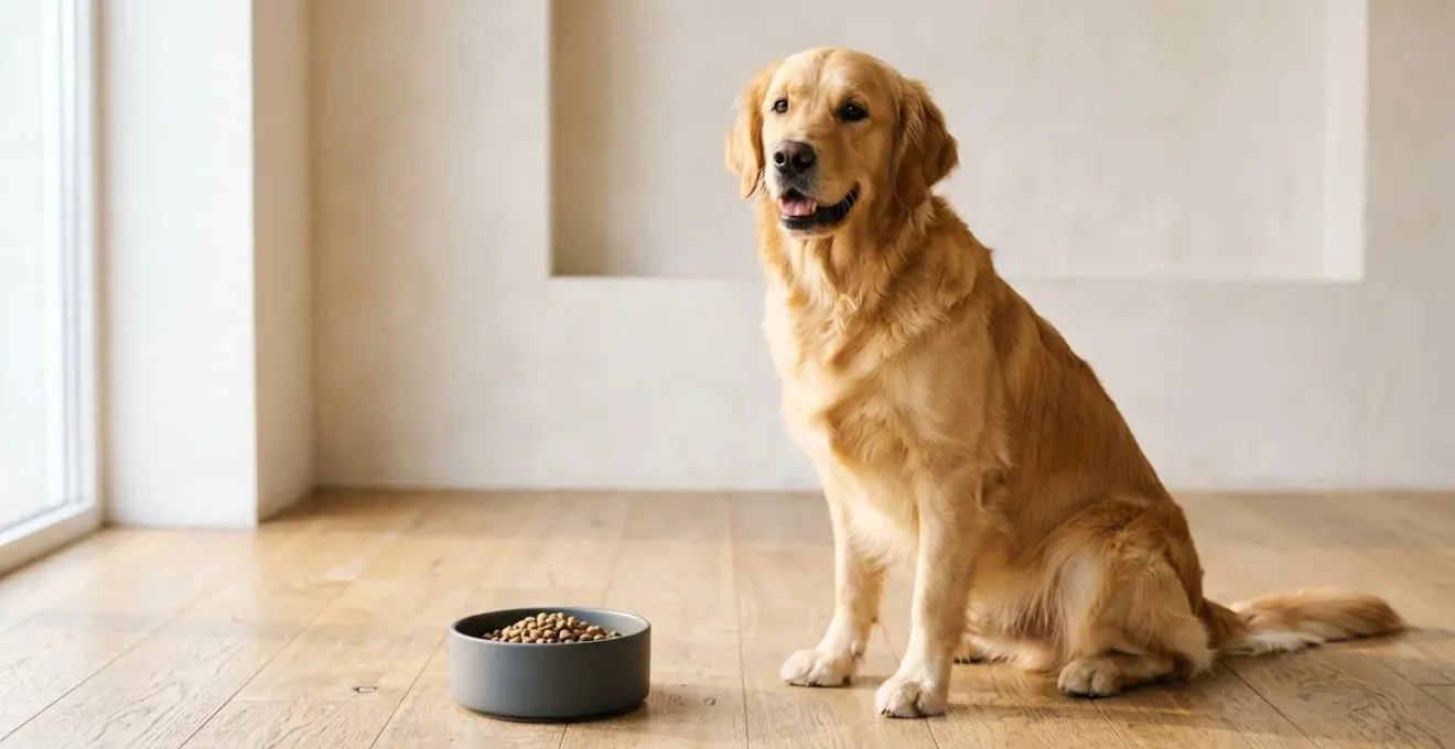 Un chien au pelage brillant face à une gamelle de croquettes de qualité.