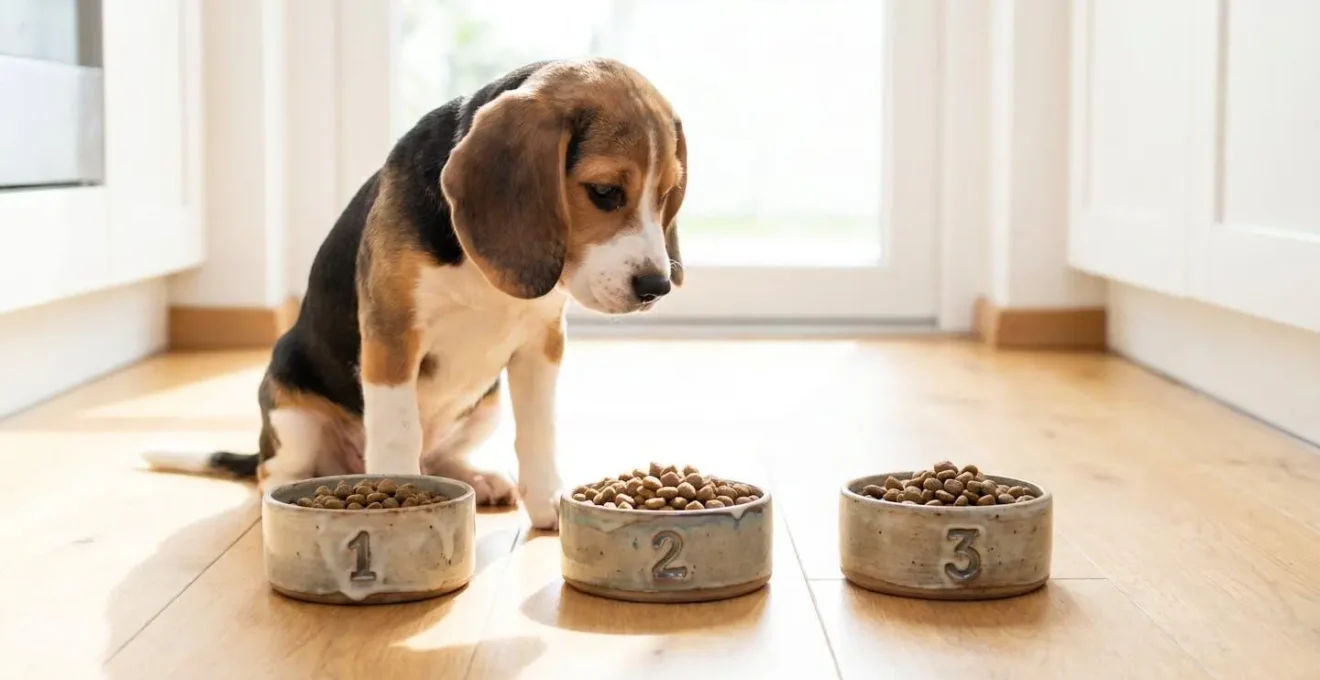 Chiot Beagle assis devant trois petits bols remplis de quantités mesurées de croquettes, représentant les repas fractionnés de la journée