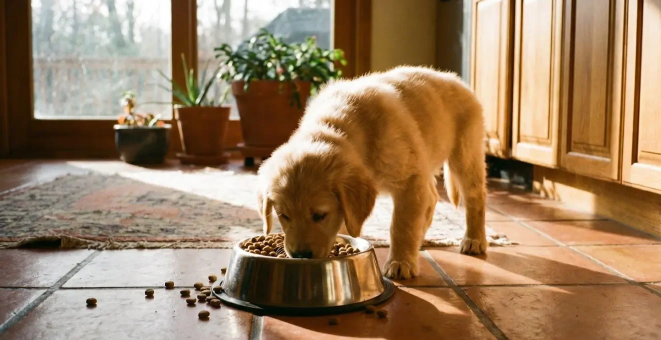 Chiot de race Golden Retriever mangeant dans son bol de croquettes sur le carrelage d'une cuisine familiale