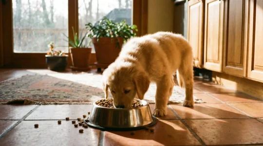 Chiot de race Golden Retriever mangeant dans son bol de croquettes sur le carrelage d'une cuisine familiale