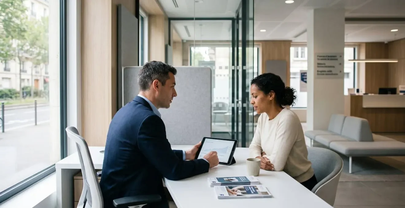 Conseiller bancaire et client assis à un bureau moderne lors d'une consultation patrimoniale dans une agence bancaire française contemporaine aux tons blancs et gris, lumière naturelle douce